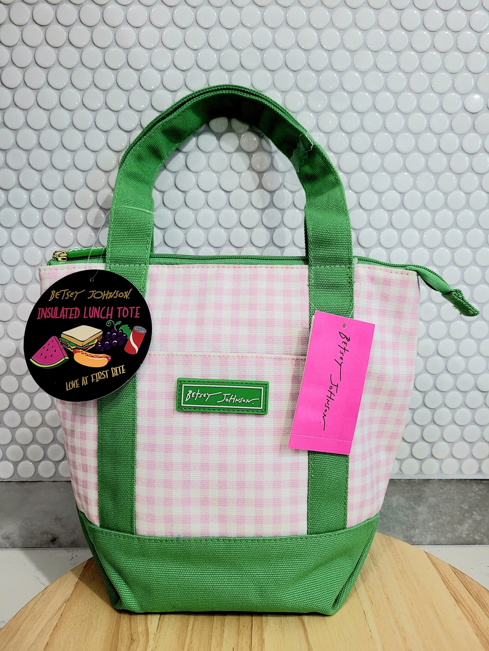 Betsey Johnson Pink Gingham Insulated Lunch Tote with Green Trim